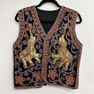 VTG Hippie Opulent‎ Beaded Embroidered Tribal India Vest Puffed 3-D Elephants M